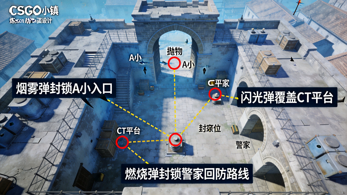 CSGO炼狱小镇A点进攻投掷物封锁点位示意图