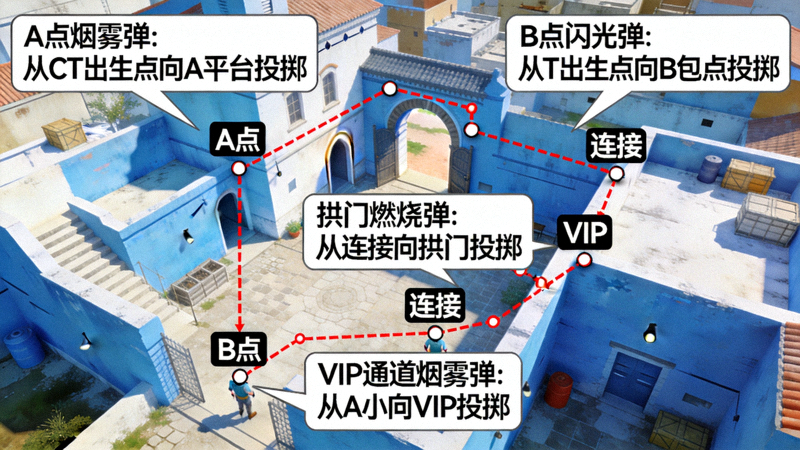 CSGO炼狱小镇投掷物高清点位与落点轨迹示意图