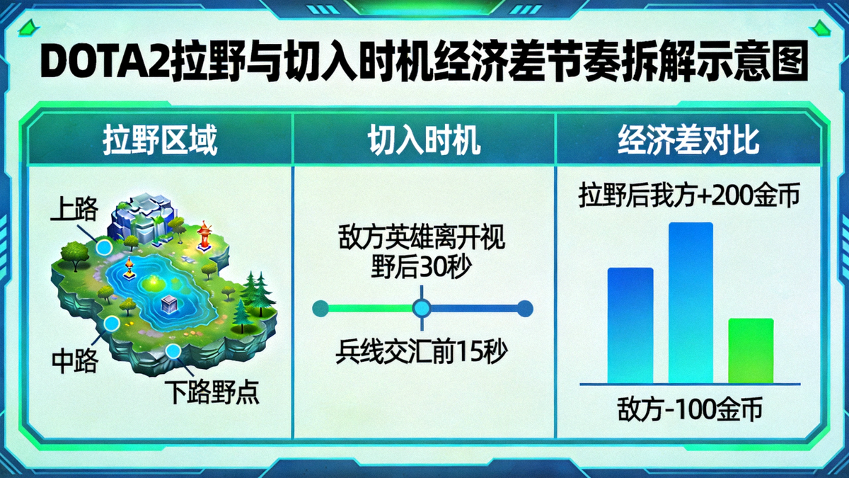 DOTA2拉野与切入时机经济差节奏拆解示意图