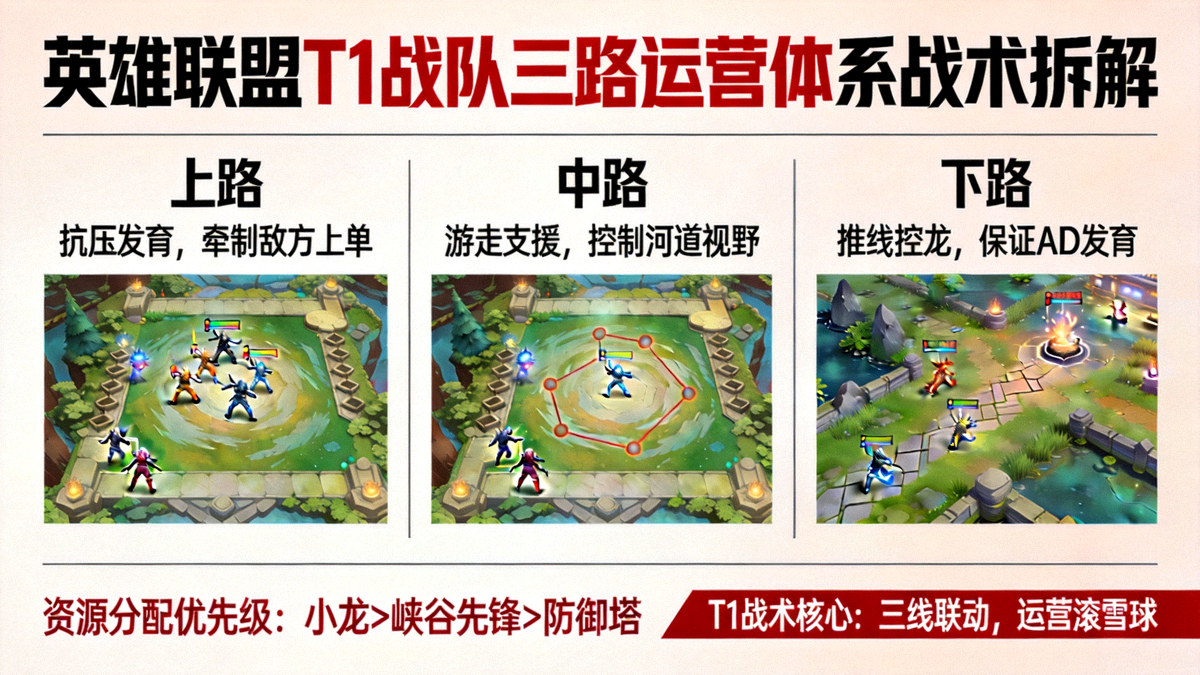 英雄联盟T1战队三路运营体系战术拆解示意图