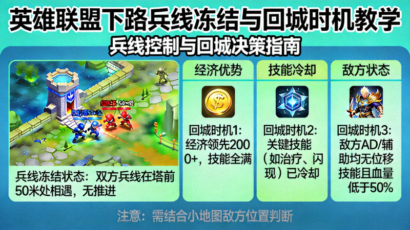 英雄联盟下路兵线冻结与回城时机教学示意图