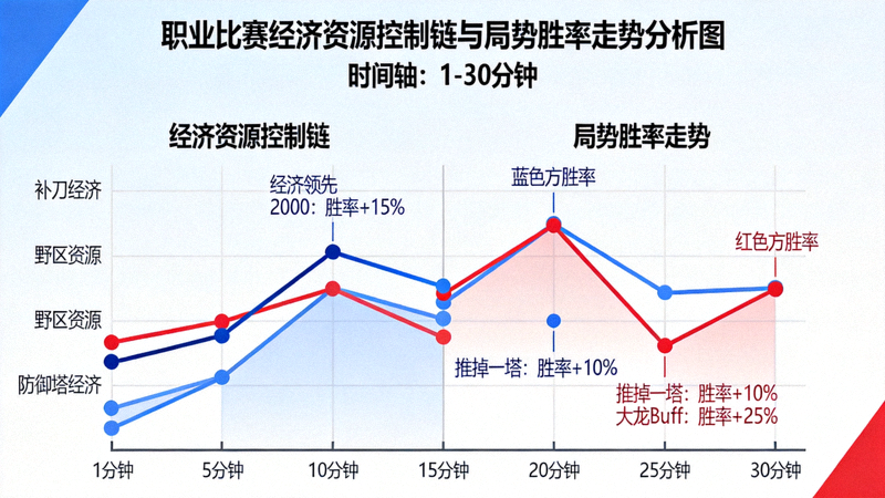 职业比赛经济资源控制链与局势胜率走势分析图